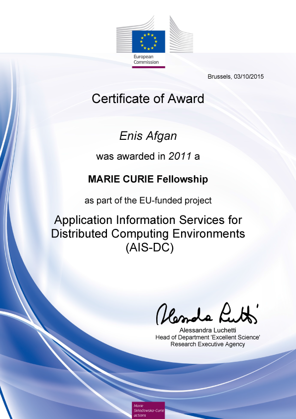 Marie Curie Certificate of Award