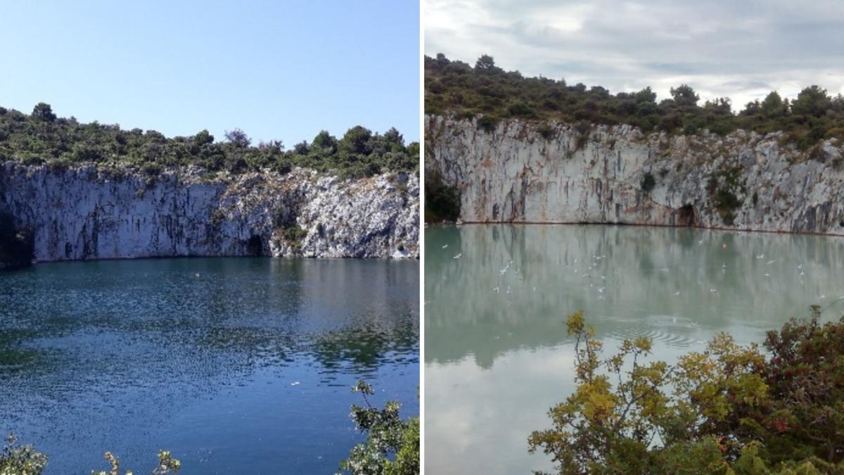 Slika 3. Snimak Rogozničkog jezera za vrijeme stratifikacije u proljeće i za vrijeme izmješavanja slika 4. (zabilježeno u jesen 2016. g.) kada je površi...