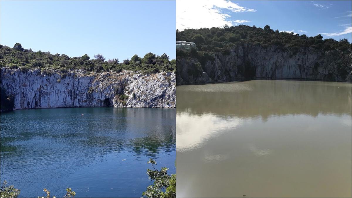 Fotografija površine jezera snimljena u lipnju 2020. te druga snimljena 27.9. 2020. 