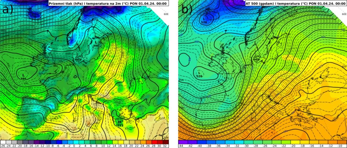 Slika 2. Sinoptička situacija 1. travnja 2024. u 00 UTC: (a) prizemni tlak zraka (crne izolinije) i temperatura zraka na 2 m (u boji), i (b) apsolutna t...