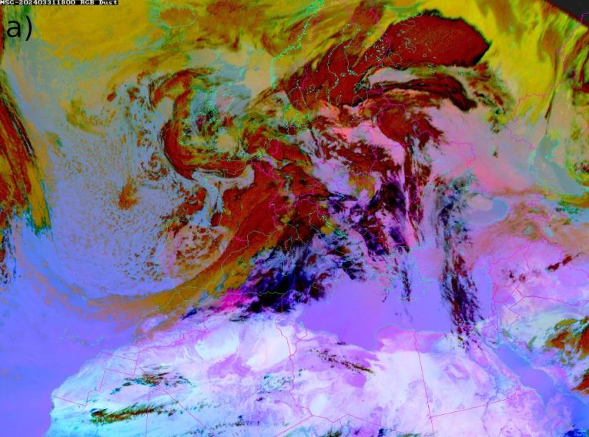 Slika 3. (a) Satelitska snimka (EUMETSAT, RGB Dust) 31. ožujka 2024. u 18 UTC, nijanse magenta boje označavaju pustinjsku prašinu, (b) putanje unazad (N...