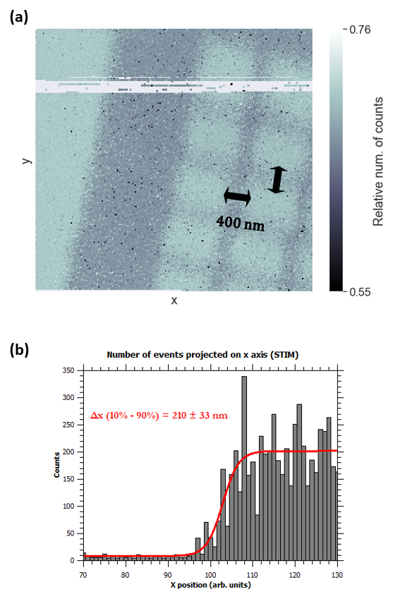 (a) The number of events collected with the STIM technique, during the 2 MeV focused proton beam scanned over the micromachined grid with 400 nm bars. B...