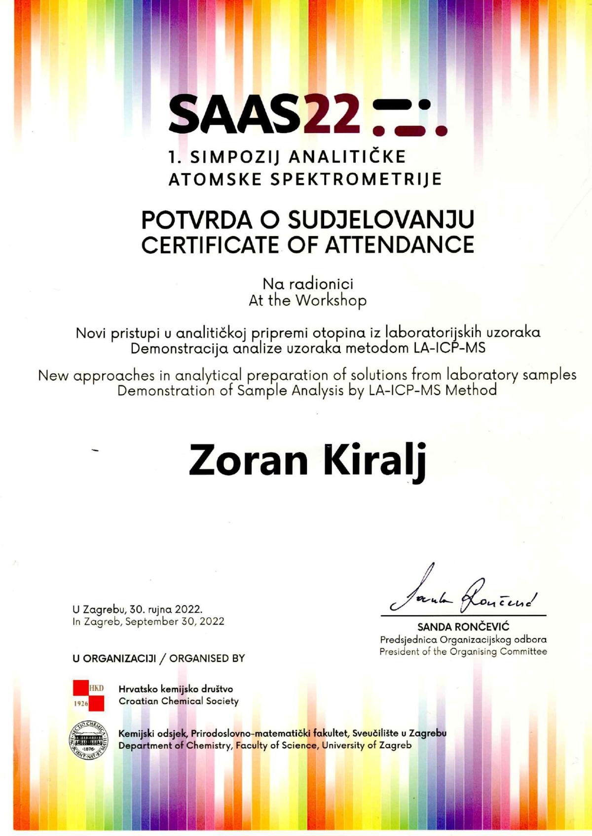 2022 - Certificate - SAASworkshop - Zoran - METABIOM
