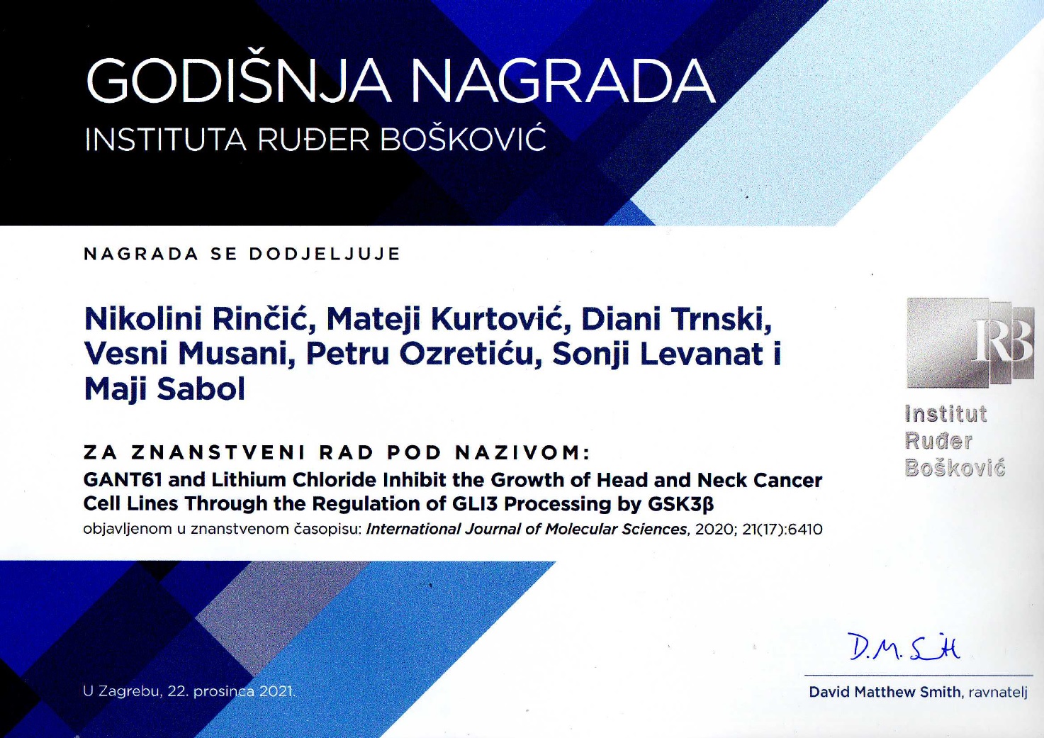 Annual Award of the Ruđer Bošković Institute for published scientific paper for 2021
